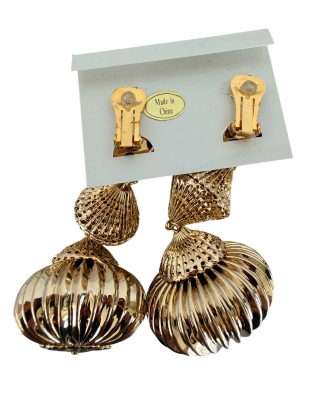 Vintage NOS Large Goldtone Statement Chunky Pierced Earrings Pendulum 3.5" Long - Picture 3 of 3